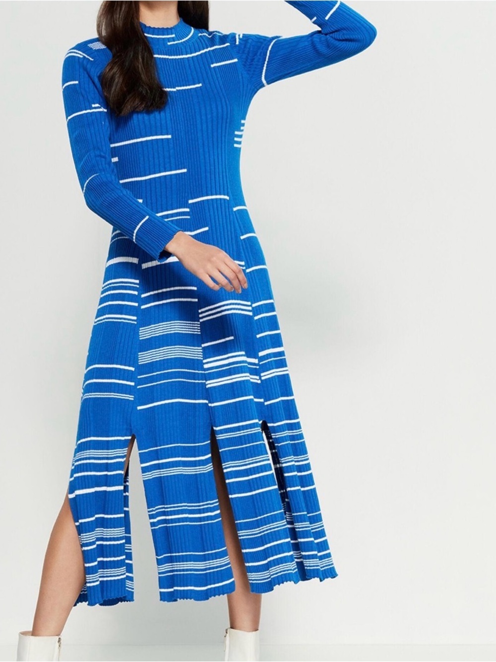 BCBGMaxAzria Royal Blue Ribbed Crewneck Sweater with White Stripes